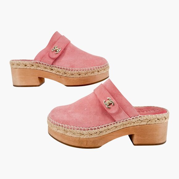 Chanel Turnlock CC Clog Mules Size 37 US 6-6.5 Pink Suede Espadrille Block Heel - Picture 7 of 15